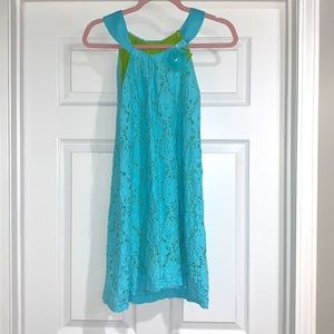 Adorable blue with green underlay dress ready for any casual outing!